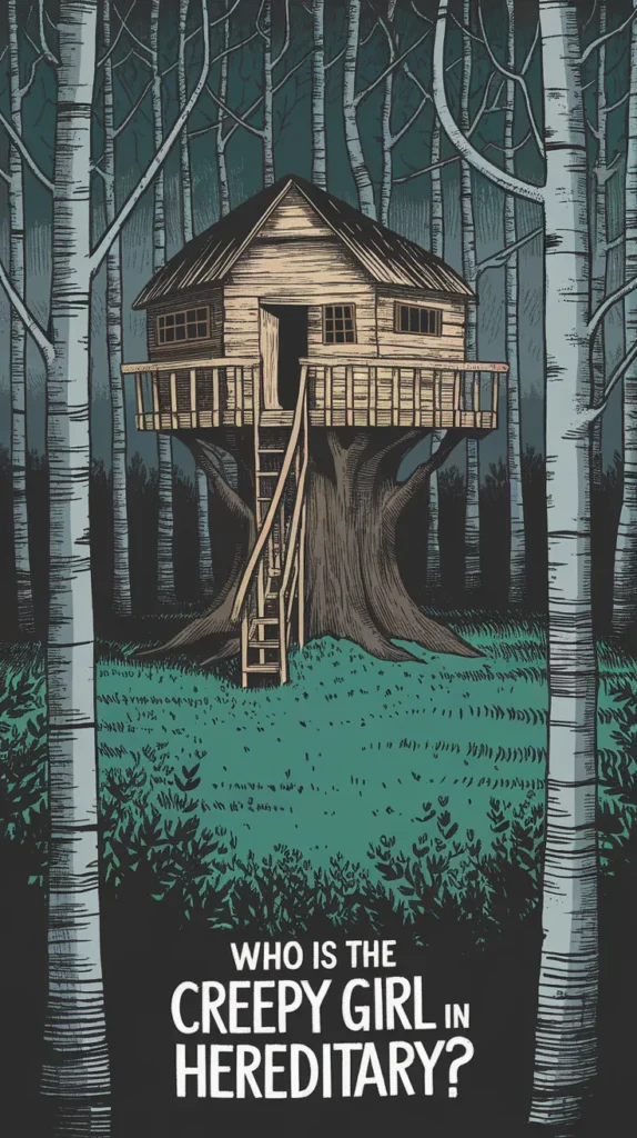 Stylized illustration of a wooden treehouse perched atop a gnarled tree, surrounded by eerie, barren trees in a dark forest. The treehouse has a rickety staircase leading up to an open doorway, exuding an unsettling atmosphere. Below, bold white text reads, 'Who is the creepy girl in Hereditary?' referencing the unsettling character from the horror film.