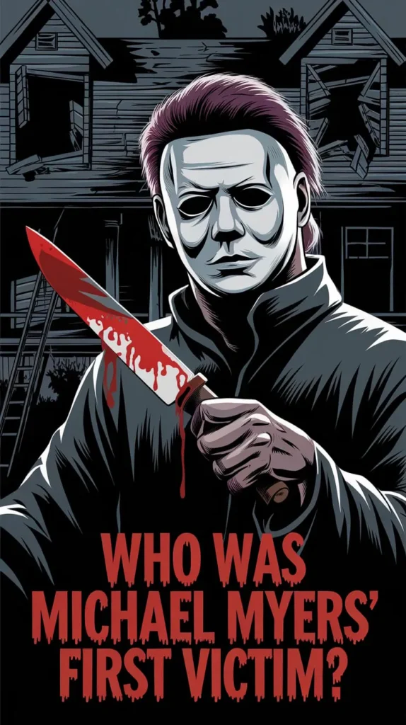 Illustration of Michael Myers from the Halloween franchise, standing in front of a dark, abandoned house, holding a bloody knife with the text 'Who was Michael Myers' first victim?' displayed at the bottom.