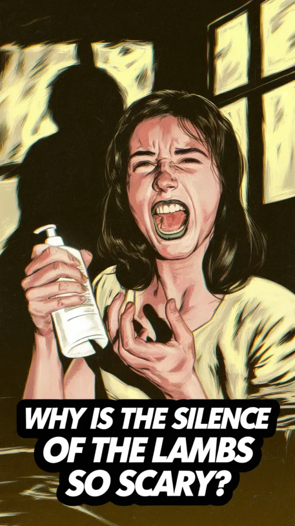 A distressed woman screams while holding a bottle of lotion, with a shadowy figure visible in the background. The image has bold text at the bottom asking, "Why is the silence of the lambs so scary?"