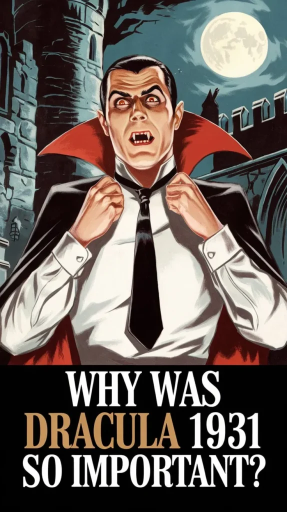 Illustration of Dracula from the 1931 classic horror film, with piercing red eyes and fangs bared against a gothic castle backdrop and full moon, featuring the text "Why Was Dracula 1931 So Important?" in bold vintage-style typography.