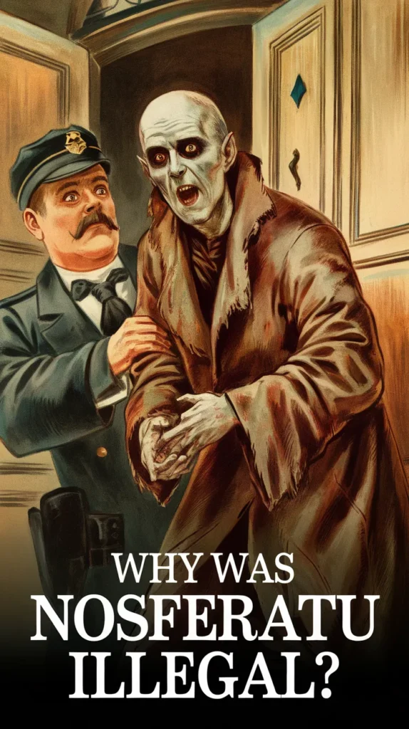 Illustration of a pale, sinister-looking Nosferatu being apprehended by a uniformed officer, with the text "Why Was Nosferatu Illegal?" displayed prominently. The artwork evokes a vintage horror aesthetic with eerie tones and dramatic lighting.