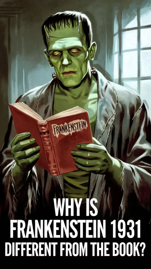 Illustration of Frankenstein's monster from the 1931 film, depicted with green skin, neck bolts, and a somber expression as he reads a book titled 'Frankenstein.' The background features a dimly lit room with a large window. The text overlay asks, 'Why is Frankenstein 1931 different from the book?