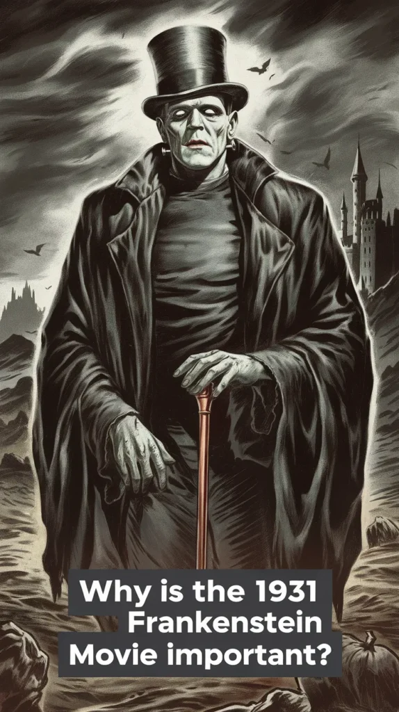 Why is the 1931 Frankenstein movie important? Illustration of Frankenstein's monster dressed in a top hat and cloak, standing ominously against a gothic backdrop with bats flying and a dark castle looming in the distance.