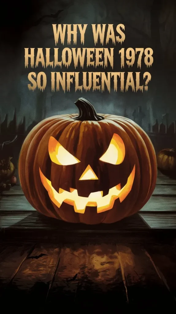 Illustrated image of a sinister glowing jack-o'-lantern sitting on a wooden porch with a dark, foggy background. The text above reads, 'Why was Halloween 1978 so influential?