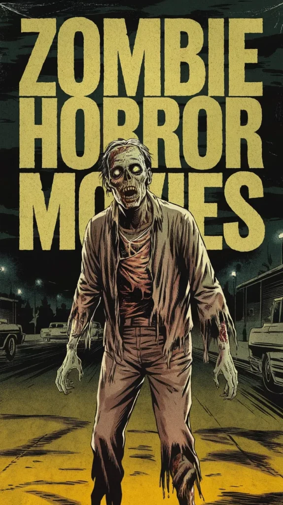 Zombie Horror Movies shamble into nightmares as a decaying, bloodied zombie prowls through a desolate parking lot under eerie streetlights.