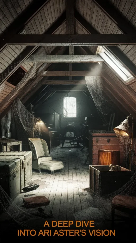 Eerie attic space with slanted wooden beams, covered in cobwebs and dust. A single chair sits abandoned among old trunks, a dimly lit lamp, and scattered objects. Light filters through a dirty window, casting shadows that enhance the unsettling atmosphere. The text at the bottom reads: 'A Deep Dive Into Ari Aster’s Vision,' hinting at an exploration of the filmmaker’s dark and unsettling storytelling.