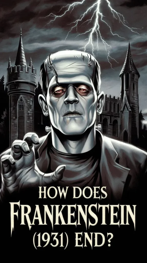 Illustrated depiction of Frankenstein’s monster from Frankenstein (1931), with a solemn expression, bolts in his neck, and an outstretched hand. Behind him, a gothic castle looms under a stormy sky, with lightning crackling above. The text reads, 'How does Frankenstein (1931) end?