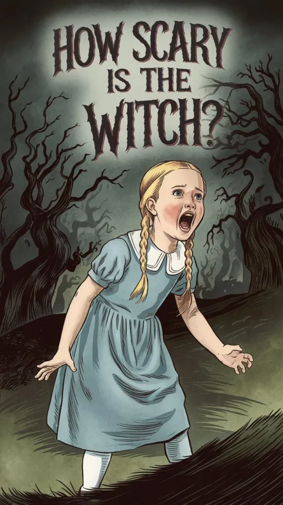 Illustrated horror scene featuring a terrified young girl with blonde braids, wearing a blue dress with a white collar, screaming in fear. She stands in a dark, twisted forest with eerie, gnarled trees stretching into the misty background. Above her, bold text reads, 'How Scary Is The Witch?' referencing the atmospheric horror film The Witch (2015).