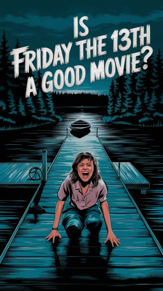 Stylized horror illustration of a terrified woman kneeling on a wooden dock at night, screaming in fear. A lone boat floats ominously on the dark lake, surrounded by dense trees under a shadowy sky. Bold, white text reads, 'Is Friday the 13th a Good Movie?' referencing the classic 1980 slasher film.