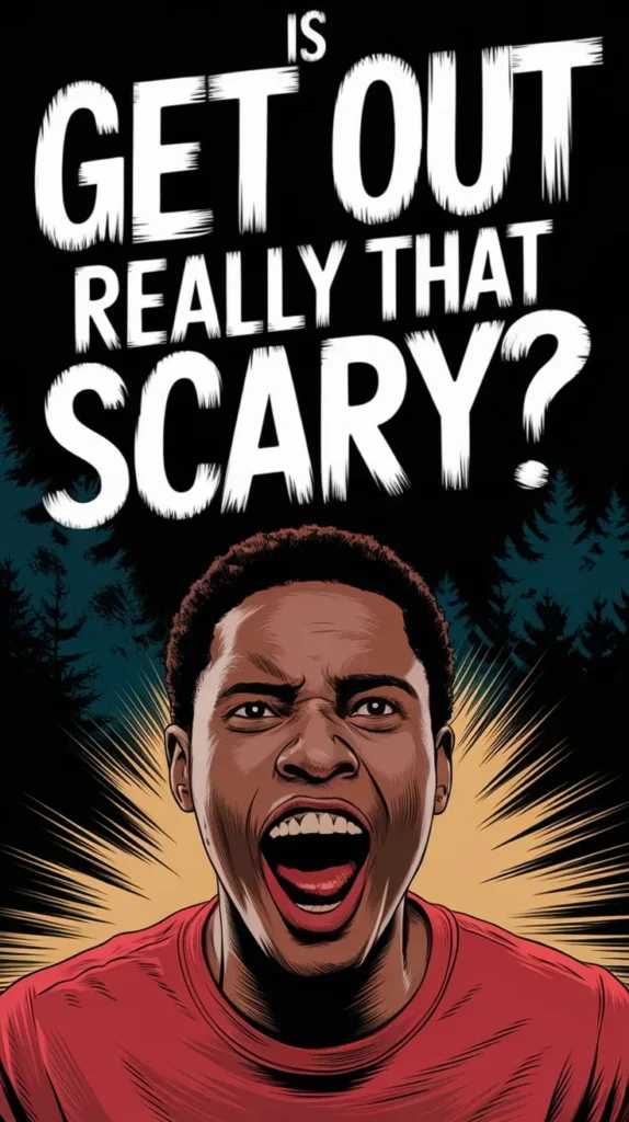 Illustrated horror-themed artwork featuring a terrified man in a red shirt, screaming in fear. The background consists of dark trees and dramatic lighting. Bold white text above him reads: 'Is Get Out Really That Scary?