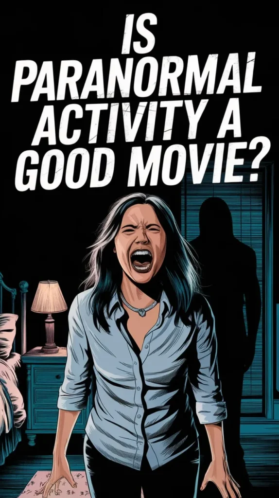 Stylized horror illustration of a terrified woman in a white blouse screaming in a dimly lit bedroom. Behind her, a shadowy figure lurks ominously in the doorway. The bold, white text above reads: 'Is Paranormal Activity a Good Movie?' in a dramatic, horror-themed font, enhancing the eerie atmosphere.