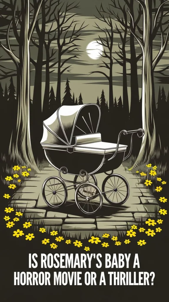 Stylized illustration of an eerie baby carriage sitting alone on a forest path under a full moon, surrounded by yellow flowers. The dark, twisted trees and muted color palette evoke a sense of mystery and dread. Bold white text reads, 'Is Rosemary’s Baby a Horror Movie or a Thriller?' referencing the psychological horror classic's genre debate.