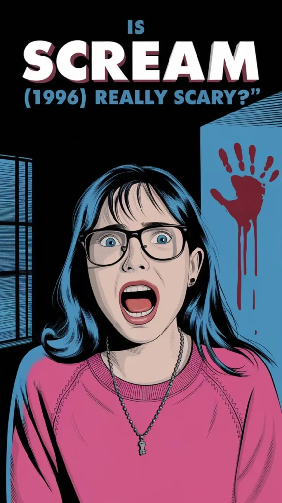 Stylized horror illustration of a terrified young woman with glasses and dark hair, screaming in fear. She wears a pink sweater and a necklace, standing in a dimly lit room. A bloody handprint smears the wall behind her. Bold white and blue text above her reads, 'Is Scream (1996) Really Scary?' referencing the iconic slasher film