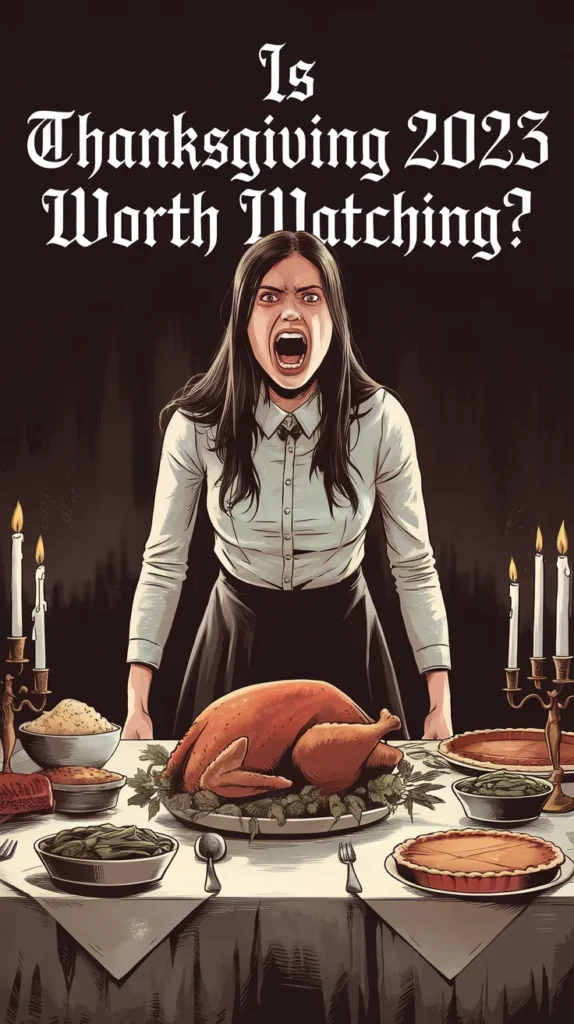 Illustrated horror-themed artwork featuring a distressed woman in a white blouse and black skirt, screaming at a Thanksgiving dinner table. The table is set with a roasted turkey, pies, and traditional side dishes, surrounded by candlelit candelabras. The dark background enhances the eerie atmosphere. Bold gothic-style text above her reads: 'Is Thanksgiving 2023 Worth Watching?