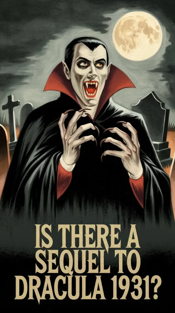 Illustrated depiction of Dracula with sharp fangs and clawed hands, standing in a graveyard under a full moon. His black cape with a red interior billows around him as tombstones loom in the background. The text reads, 'Is there a sequel to Dracula 1931?