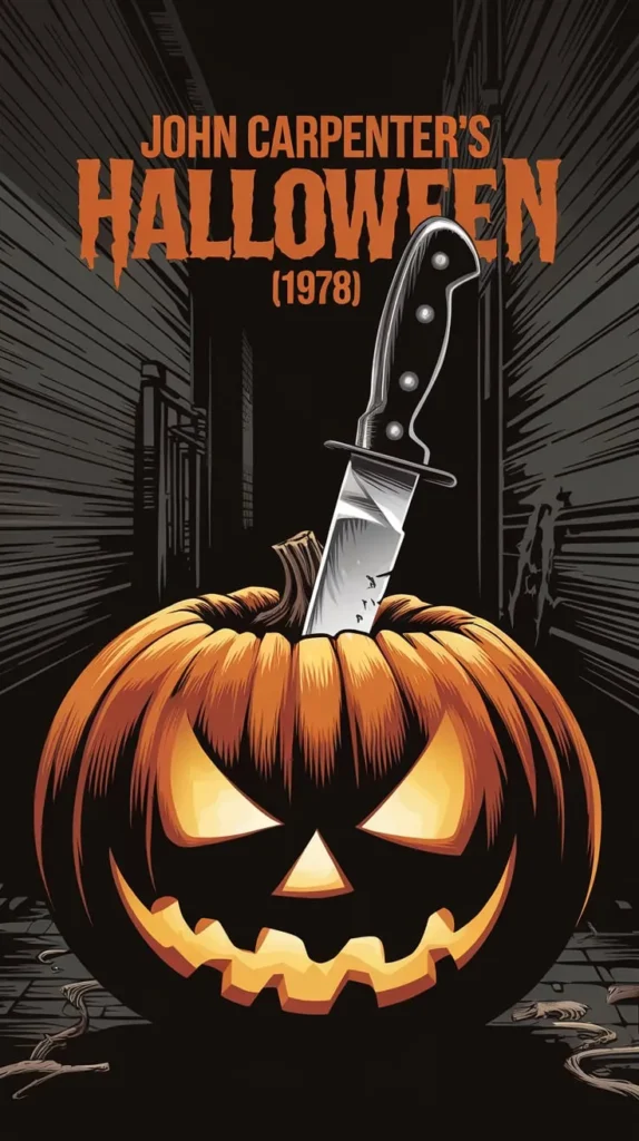 Stylized horror illustration featuring a sinister glowing jack-o'-lantern with a large knife plunged into its top. The background depicts a dark alleyway with eerie shadows and tattered debris. Above the pumpkin, the bold, distressed text reads 'John Carpenter’s Halloween (1978),' emphasizing the film’s legendary status in horror cinema.