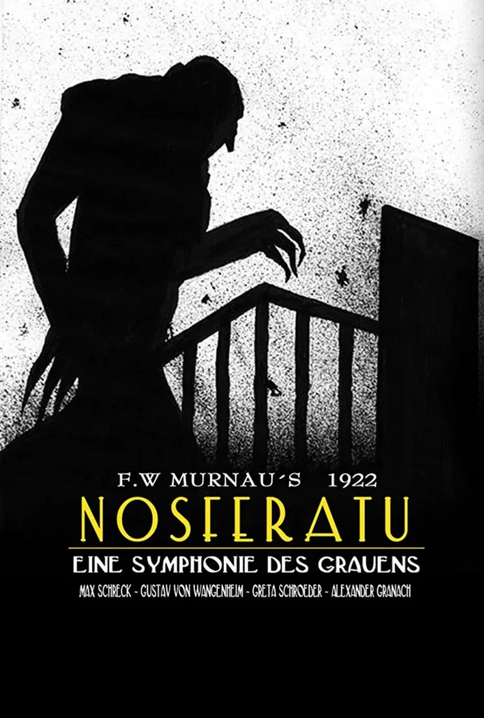 Black and white poster for F.W. Murnau's 1922 silent horror film Nosferatu: Eine Symphonie des Grauens. The image features the iconic silhouette of Count Orlok, a hunched, claw-fingered vampire, creeping up a staircase. His shadowy figure contrasts starkly against a grainy, eerie background. The film’s title is displayed in bold yellow gothic lettering, with the names of the cast and crew listed below in white text.