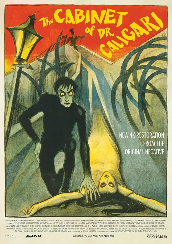 Vintage illustrated movie poster for The Cabinet of Dr. Caligari (1920), featuring a haunting expressionist design. The sinister figure of Cesare, the somnambulist, looms over a lifeless woman, his glowing yellow eyes adding to the eerie atmosphere. Jagged, distorted buildings and twisted trees frame the scene, with Dr. Caligari himself pointing ominously from the background. The film’s title is displayed in bold, jagged yellow text against a red backdrop, emphasizing its nightmarish aesthetic.