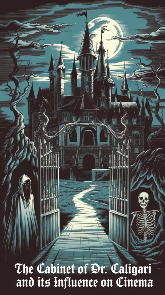 Gothic horror illustration of a towering, eerie castle under a full moon, surrounded by twisted trees and ominous clouds. An iron gate stands open, revealing a winding path leading to the castle’s entrance. To the left, a hooded figure lurks in the shadows, while a skeletal figure grins from a nearby alcove. The text at the bottom reads: 'The Cabinet of Dr. Caligari and its Influence on Cinema,' emphasizing the film’s lasting impact on horror and expressionist visuals.