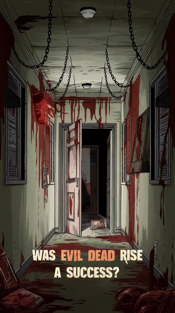 Illustrated horror scene depicting a blood-soaked hallway with chains hanging from the ceiling and splattered walls. An open door at the end of the corridor leads into darkness, with eerie red lighting illuminating the area. The text at the bottom reads: 'Was Evil Dead Rise A Success?'