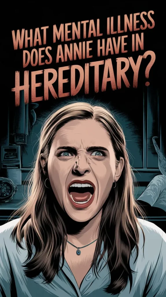 Illustrated horror artwork featuring a distraught woman with long, light brown hair screaming in terror. Her wide, haunted eyes and open mouth convey intense fear. The dimly lit background includes eerie elements, such as a lifeless limb in the shadows. The text overlay reads, 'What Mental Illness Does Annie Have in Hereditary?