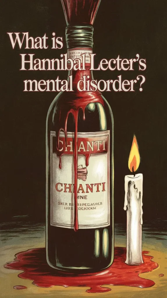 Illustration of a bottle of Chianti wine with a disturbing twist—thick red liquid drips from the top like blood, pooling at the base. A single lit candle with melting wax sits beside it, casting an eerie glow. Above, bold text reads, 'What is Hannibal Lecter's mental disorder?