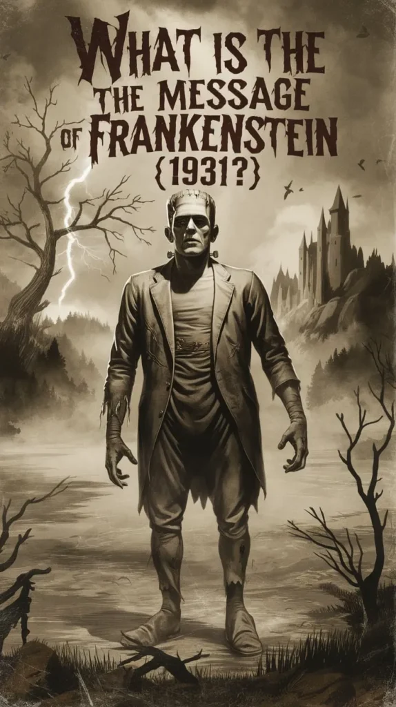 Illustrated black-and-white artwork of Frankenstein’s monster standing in a foggy, eerie landscape with a gothic castle in the distance. Lightning crackles in the sky as twisted trees frame the scene. The text reads, 'What is the message of Frankenstein (1931)?