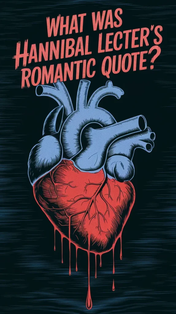 Illustrated image of an anatomically detailed human heart, half blue and half red, dripping blood against a dark background. The bold red text above reads, 'What was Hannibal Lecter's romantic quote?