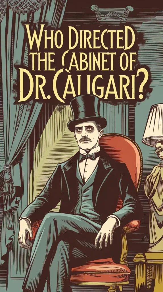 Vintage-style illustration of a stern man in a black suit and top hat sitting in a grand armchair, staring intensely forward. The dimly lit room features heavy curtains, ornate furniture, and a shadowy figure resembling a mannequin in the background. The bold text above him reads, 'Who directed The Cabinet of Dr. Caligari?