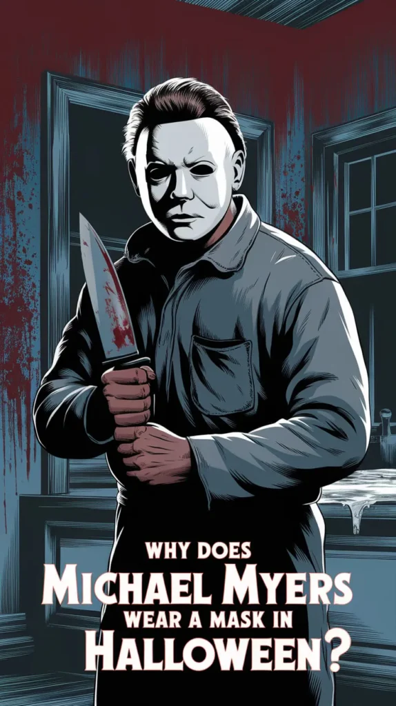 Illustrated image of Michael Myers from Halloween, standing in a dimly lit room with blood-splattered walls. He wears his iconic white mask and a dark jumpsuit while gripping a large, bloodied knife. The bold text below reads, 'Why does Michael Myers wear a mask in Halloween?