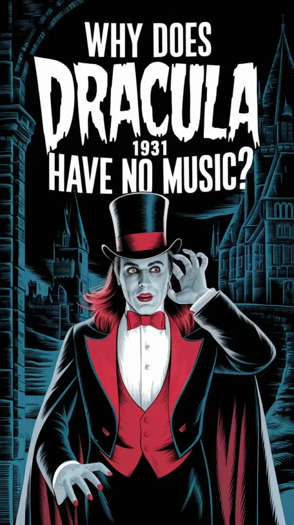 Illustrated depiction of a vampire with pale skin, red eyes, and a sinister expression, dressed in a top hat, bow tie, and a black cape lined with red. He raises one hand to his ear as if listening intently. A gothic castle looms in the background under a dark sky. The bold text above reads, 'Why does Dracula (1931) have no music?