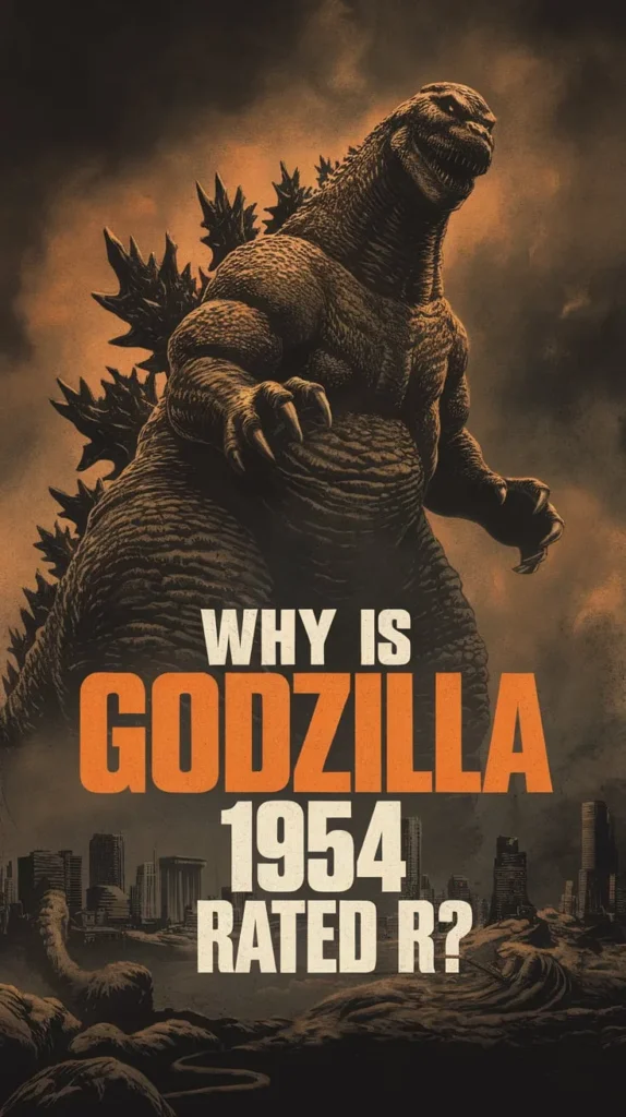 Dark, vintage-style illustration of Godzilla towering over a ruined cityscape, surrounded by smoke and destruction. The monster’s scaly body and jagged dorsal fins are highlighted against an ominous, stormy sky. The text reads, 'Why is Godzilla 1954 Rated R?' referencing the film’s intense themes and historical context.