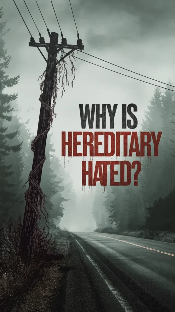 Eerie horror-themed illustration of a desolate road surrounded by dense, foggy woods. A worn utility pole stands on the side, ominously wrapped in tangled, dead vines. The text reads, 'Why is Hereditary hated?' with the word 'Hated' dripping in blood-like lettering, evoking the film’s unsettling atmosphere.