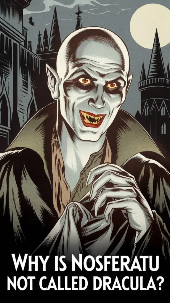 Stylized horror illustration of Count Orlok from Nosferatu, with pale skin, glowing red eyes, and sharp fangs. He looms menacingly in front of a gothic castle under a full moon, his clawed hands poised eerily. The text reads, 'Why is Nosferatu not called Dracula?' referencing the film’s infamous copyright dispute.