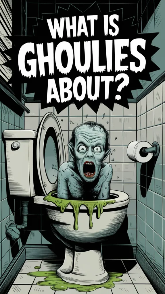 Stylized horror illustration of a grotesque, goblin-like creature emerging from a toilet, its mouth agape in a terrifying scream. Green slime drips from the bowl, pooling onto the tiled bathroom floor. Above the scene, bold, jagged text reads: 'What is Ghoulies About?' in a comic book-style horror font, capturing the campy, cult-classic energy of the 1985 film.