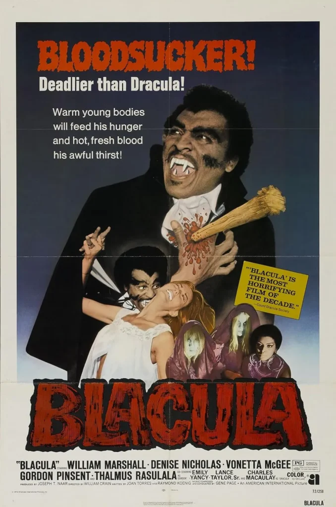 Blacula 1972 movie poster featuring William Marshall as the vampire with fangs bared, clutching a victim, surrounded by horror imagery.