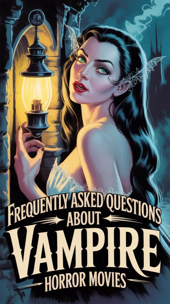 Illustrated gothic vampire woman holding a lantern with glowing green eyes, used as cover art for “Frequently Asked Questions About Vampire Horror Movies.”