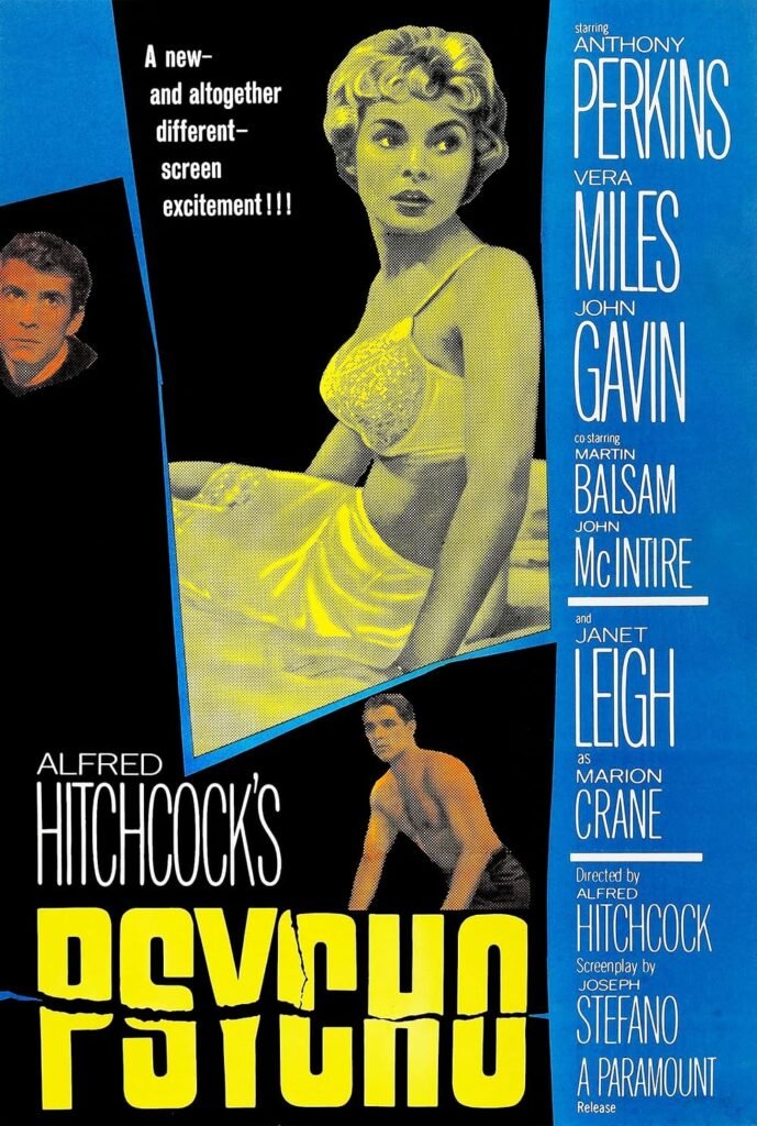 Original 1960 Psycho movie poster featuring Janet Leigh, Anthony Perkins, and bold yellow typography designed to promote Alfred Hitchcock’s classic thriller.