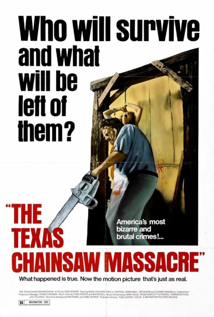 The Texas Chain Saw Massacre (1974) poster showing Leatherface with a chainsaw and a screaming victim, with the tagline “Who will survive and what will be left of them?