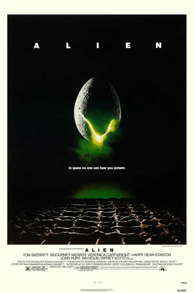 Original 1979 Alien poster—cracked, glowing egg on black with the tagline “In space no one can hear you scream.”