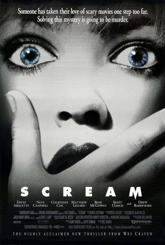 Scream (1996) theatrical poster—close-up of a shocked woman’s face with blue eyes and hand over mouth; tagline above in white text.