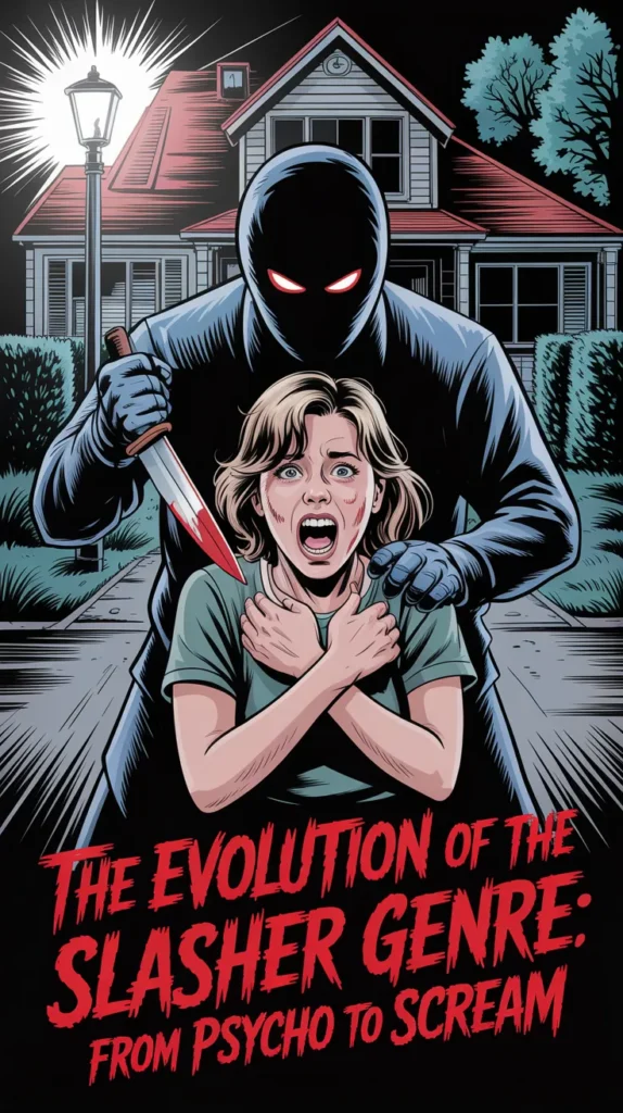 Illustrated horror artwork depicting a masked killer holding a terrified woman in front of a suburban house at night, representing the slasher film genre.