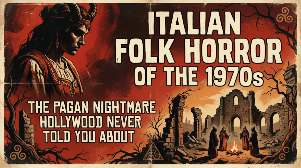 Italian folk horror 1970s pagan ritual ruins cult fire scene occult Italy horror illustration